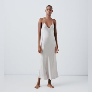Zara Women’s Open Back Satin Effect Slip Dress Pearl Grey Size Small